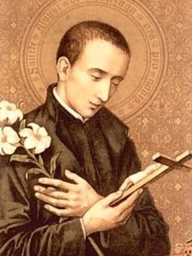 Immagine devozionale di San Luigi Gonzaga con il giglio e il crocifisso